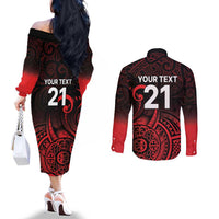 New Zealand Rugby Pacific Custom Couples Matching Off The Shoulder Long Sleeve Dress and Long Sleeve Button Shirt Whatumoana Maori Tribal Tattoo LT9 - Polynesian Pride