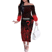 New Zealand Rugby Pacific Custom Off The Shoulder Long Sleeve Dress Whatumoana Maori Tribal Tattoo LT9 Women Gold - Polynesian Pride