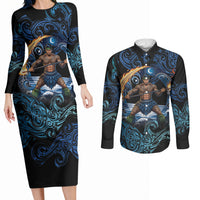 Samoa Siva Afi Couples Matching Long Sleeve Bodycon Dress and Long Sleeve Button Shirt Fireknife Fire Dance Pacific Tribal Motif