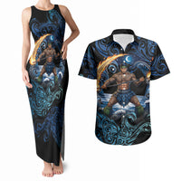 Samoa Siva Afi Couples Matching Tank Maxi Dress and Hawaiian Shirt Fireknife Fire Dance Pacific Tribal Motif