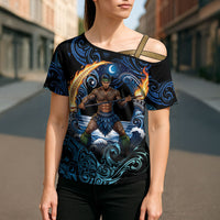 Samoa Siva Afi Cross Shoulder Shirt Fireknife Fire Dance Pacific Tribal Motif