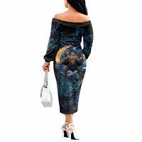 Samoa Siva Afi Off The Shoulder Long Sleeve Dress Fireknife Fire Dance Pacific Tribal Motif