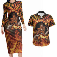 Samoa Siva Afi Dance Fireknife Couples Matching Long Sleeve Bodycon Dress and Hawaiian Shirt Samoan Tribal Motif Dancing in the Fire