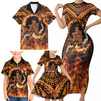 Samoa Siva Afi Dance Fireknife Family Matching Short Sleeve Bodycon Dress and Hawaiian Shirt Samoan Tribal Motif Dancing in the Fire