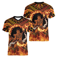 Samoa Siva Afi Dance Fireknife Women V-Neck T-Shirt Samoan Tribal Motif Dancing in the Fire
