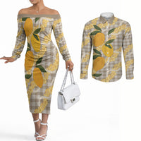 Maku'e Hawaiian Mango Palaka Couples Matching Off The Shoulder Long Sleeve Dress and Long Sleeve Button Shirt Aloha Hibiscus Pikake Lei