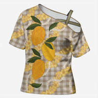 Maku'e Hawaiian Mango Palaka Cross Shoulder Shirt Aloha Hibiscus Pikake Lei