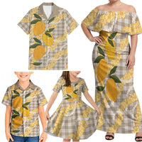 Maku'e Hawaiian Mango Palaka Family Matching Off Shoulder Maxi Dress and Hawaiian Shirt Aloha Hibiscus Pikake Lei