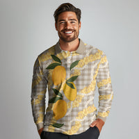 Maku'e Hawaiian Mango Palaka Long Sleeve Polo Shirt Aloha Hibiscus Pikake Lei