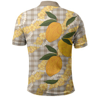 Maku'e Hawaiian Mango Palaka Polo Shirt Aloha Hibiscus Pikake Lei