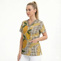 Maku'e Hawaiian Mango Palaka Scrub Top Aloha Hibiscus Pikake Lei