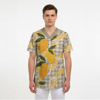 Maku'e Hawaiian Mango Palaka Scrub Top Aloha Hibiscus Pikake Lei