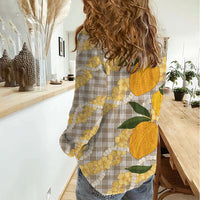 Maku'e Hawaiian Mango Palaka Women Casual Shirt Aloha Hibiscus Pikake Lei