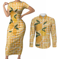 Alani Hawaiian Mango Palaka Couples Matching Short Sleeve Bodycon Dress and Long Sleeve Button Shirt Aloha Hibiscus Pikake Lei