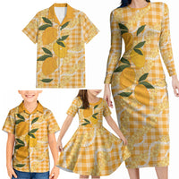 Alani Hawaiian Mango Palaka Family Matching Long Sleeve Bodycon Dress and Hawaiian Shirt Aloha Hibiscus Pikake Lei