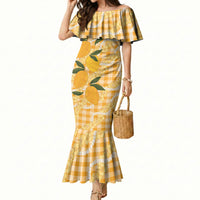 Alani Hawaiian Mango Palaka Mermaid Dress Aloha Hibiscus Pikake Lei