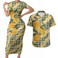 Uliuli Ahiahia Hawaiian Mango Palaka Couples Matching Short Sleeve Bodycon Dress and Hawaiian Shirt Aloha Hibiscus Pikake Lei