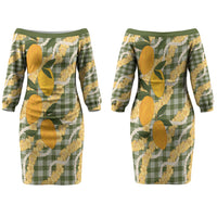 Uliuli Ahiahia Hawaiian Mango Palaka Family Matching Off The Shoulder Long Sleeve Dress and Hawaiian Shirt Aloha Hibiscus Pikake Lei