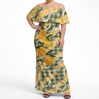 Uliuli Ahiahia Hawaiian Mango Palaka Off Shoulder Maxi Dress Aloha Hibiscus Pikake Lei