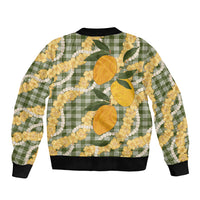 Uliuli Ahiahia Hawaiian Mango Palaka Sleeve Zip Bomber Jacket Aloha Hibiscus Pikake Lei