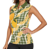 Uliuli Ahiahia Hawaiian Mango Palaka Women Sleeveless Polo Shirt Aloha Hibiscus Pikake Lei