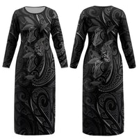 Hawaiian Mango Tribal Tattoo Couples Matching Long Sleeve Bodycon Dress and Long Sleeve Button Shirt Black White Pacific Traditional Pattern