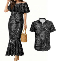 Hawaiian Mango Tribal Tattoo Couples Matching Mermaid Dress and Hawaiian Shirt Black White Pacific Traditional Pattern