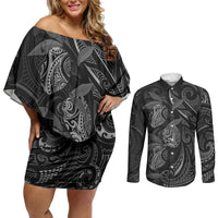 Hawaiian Mango Tribal Tattoo Couples Matching Off Shoulder Short Dress and Long Sleeve Button Shirt Black White Pacific Traditional Pattern