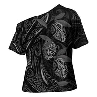Hawaiian Mango Tribal Tattoo Cross Shoulder Shirt Black White Pacific Traditional Pattern