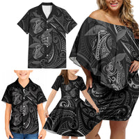 Hawaiian Mango Tribal Tattoo Family Matching Off Shoulder Short Dress and Hawaiian Shirt Black White Pacific Traditional Pattern
