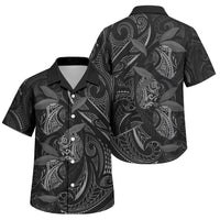 Hawaiian Mango Tribal Tattoo Family Matching Off Shoulder Short Dress and Hawaiian Shirt Black White Pacific Traditional Pattern