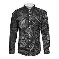 Hawaiian Mango Tribal Tattoo Long Sleeve Button Shirt Black White Pacific Traditional Pattern