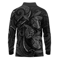 Hawaiian Mango Tribal Tattoo Long Sleeve Polo Shirt Black White Pacific Traditional Pattern