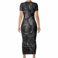 Hawaiian Mango Tribal Tattoo Short Sleeve Bodycon Dress Black White Pacific Traditional Pattern