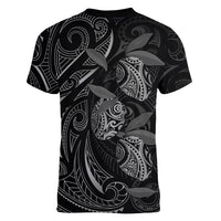 Hawaiian Mango Tribal Tattoo Women V-Neck T-Shirt Black White Pacific Traditional Pattern
