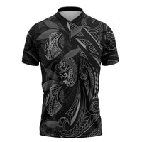 Hawaiian Mango Tribal Tattoo Zipper Polo Shirt Black White Pacific Traditional Pattern