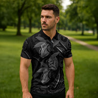 Hawaiian Mango Tribal Tattoo Zipper Polo Shirt Black White Pacific Traditional Pattern
