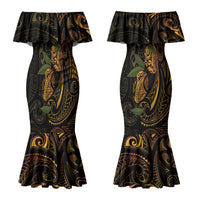 Hawaiian Mango Tribal Tattoo Couples Matching Mermaid Dress and Hawaiian Shirt Gold Pacific Traditional Pattern