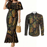 Hawaiian Mango Tribal Tattoo Couples Matching Mermaid Dress and Long Sleeve Button Shirt Gold Pacific Traditional Pattern