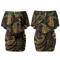 Hawaiian Mango Tribal Tattoo Couples Matching Off Shoulder Short Dress and Long Sleeve Button Shirt Gold Pacific Traditional Pattern