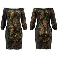 Hawaiian Mango Tribal Tattoo Couples Matching Off The Shoulder Long Sleeve Dress and Hawaiian Shirt Gold Pacific Traditional Pattern