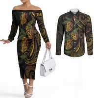 Hawaiian Mango Tribal Tattoo Couples Matching Off The Shoulder Long Sleeve Dress and Long Sleeve Button Shirt Gold Pacific Traditional Pattern