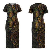 Hawaiian Mango Tribal Tattoo Couples Matching Short Sleeve Bodycon Dress and Hawaiian Shirt Gold Pacific Traditional Pattern