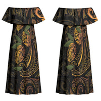Hawaiian Mango Tribal Tattoo Family Matching Off Shoulder Maxi Dress and Hawaiian Shirt Gold Pacific Traditional Pattern