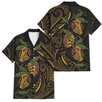 Hawaiian Mango Tribal Tattoo Family Matching Off Shoulder Maxi Dress and Hawaiian Shirt Gold Pacific Traditional Pattern