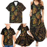 Hawaiian Mango Tribal Tattoo Family Matching Summer Maxi Dress and Hawaiian Shirt Gold Pacific Traditional Pattern