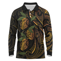 Hawaiian Mango Tribal Tattoo Long Sleeve Polo Shirt Gold Pacific Traditional Pattern