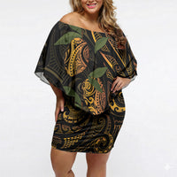 Hawaiian Mango Tribal Tattoo Off Shoulder Short Dress Gold Pacific Traditional Pattern