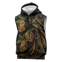 Hawaiian Mango Tribal Tattoo Sleeveless Zip Hoodie Gold Pacific Traditional Pattern