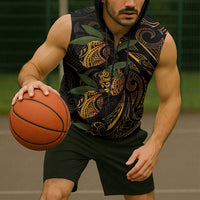 Hawaiian Mango Tribal Tattoo Sleeveless Zip Hoodie Gold Pacific Traditional Pattern